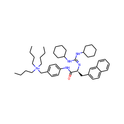 CCCC[N+](CCCC)(CCCC)Cc1ccc(NC(=O)[C@H](Cc2ccc3ccccc3c2)N=C(NC2CCCCC2)NC2CCCCC2)cc1 ZINC000049637604