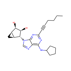 CCCCC#Cc1nc(NC2CCCC2)c2ncn([C@H]3[C@H](O)[C@H](O)[C@@H]4C[C@@H]43)c2n1 ZINC000103248054