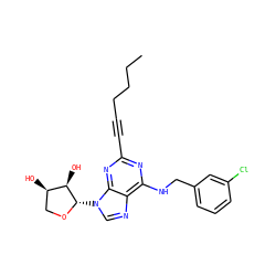 CCCCC#Cc1nc(NCc2cccc(Cl)c2)c2ncn([C@@H]3OC[C@@H](O)[C@H]3O)c2n1 ZINC000082155306