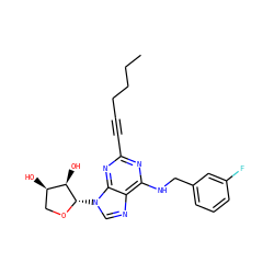 CCCCC#Cc1nc(NCc2cccc(F)c2)c2ncn([C@@H]3OC[C@@H](O)[C@H]3O)c2n1 ZINC000073200082