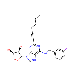 CCCCC#Cc1nc(NCc2cccc(I)c2)c2ncn([C@@H]3OC[C@@H](O)[C@H]3O)c2n1 ZINC000084564494
