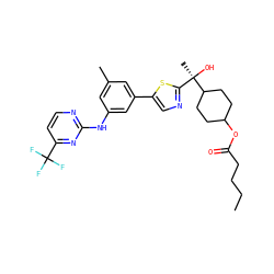 CCCCC(=O)OC1CCC([C@](C)(O)c2ncc(-c3cc(C)cc(Nc4nccc(C(F)(F)F)n4)c3)s2)CC1 ZINC001772602019