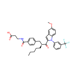 CCCCC[C@@H](Cc1ccc(C(=O)NCCC(=O)O)cc1)C(=O)c1cc2cc(OC)ccc2n1-c1cccc(C(F)(F)F)c1 ZINC000073195987