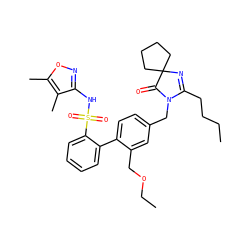 CCCCC1=NC2(CCCC2)C(=O)N1Cc1ccc(-c2ccccc2S(=O)(=O)Nc2noc(C)c2C)c(COCC)c1 ZINC000006716826