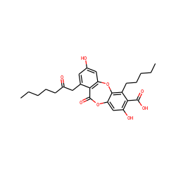 CCCCCC(=O)Cc1cc(O)cc2c1C(=O)Oc1cc(O)c(C(=O)O)c(CCCCC)c1O2 ZINC000001687300