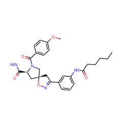 CCCCCC(=O)Nc1cccc(C2=NO[C@]3(C2)C[C@@H](C(N)=O)N(C(=O)c2ccc(OC)cc2)C3)c1 ZINC000013478655