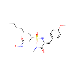 CCCCCC[C@@H](CC(=O)NO)S(=O)(=O)N[C@@H](Cc1ccc(OC)cc1)C(=O)NC ZINC000026400841