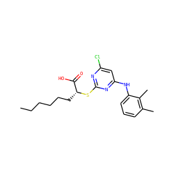 CCCCCC[C@@H](Sc1nc(Cl)cc(Nc2cccc(C)c2C)n1)C(=O)O ZINC000040865722