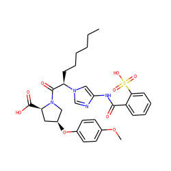 CCCCCC[C@H](C(=O)N1C[C@@H](Oc2ccc(OC)cc2)C[C@H]1C(=O)O)n1cnc(NC(=O)c2ccccc2S(=O)(=O)O)c1 ZINC000027520786