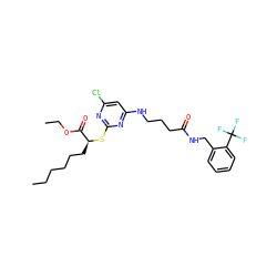CCCCCC[C@H](Sc1nc(Cl)cc(NCCCC(=O)NCc2ccccc2C(F)(F)F)n1)C(=O)OCC ZINC000653889557