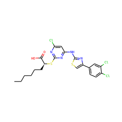 CCCCCC[C@H](Sc1nc(Cl)cc(Nc2nc(-c3ccc(Cl)c(Cl)c3)cs2)n1)C(=O)O ZINC000103250176