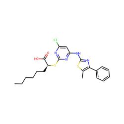 CCCCCC[C@H](Sc1nc(Cl)cc(Nc2nc(-c3ccccc3)c(C)s2)n1)C(=O)O ZINC000103250209