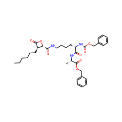 CCCCCC[C@H]1C(=O)O[C@@H]1C(=O)NCCCC[C@H](NC(=O)OCc1ccccc1)C(=O)N[C@@H](C)C(=O)OCc1ccccc1 ZINC001772599850