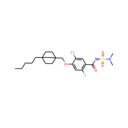 CCCCCC12CCC(COc3cc(F)c(C(=O)NS(=O)(=O)N(C)C)cc3Cl)(CC1)CC2 ZINC000216202014