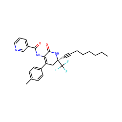 CCCCCCC#C[C@]1(C(F)(F)F)CC(c2ccc(C)cc2)=C(NC(=O)c2cccnc2)C(=O)N1 ZINC001772640215