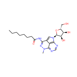 CCCCCCCC(=O)Nc1nn(C)c2ncnc3c2c1cn3[C@H]1O[C@H](CO)[C@@H](O)[C@H]1O ZINC000049775540
