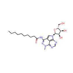 CCCCCCCCCC(=O)Nc1nn(C)c2ncnc3c2c1cn3[C@H]1O[C@H](CO)[C@@H](O)[C@H]1O ZINC000049771378