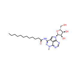 CCCCCCCCCCCC(=O)Nc1nn(C)c2ncnc3c2c1cn3[C@H]1O[C@H](CO)[C@@H](O)[C@H]1O ZINC000049771733