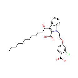 CCCCCCCCCCCC(=O)c1c(C(=O)O)n(CCOc2ccc(C(=O)O)c(Cl)c2)c2ccccc12 ZINC000037858513