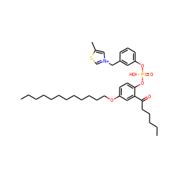 CCCCCCCCCCCCOc1ccc(O[P@@](=O)(O)Oc2cccc(C[n+]3csc(C)c3)c2)c(C(=O)CCCCC)c1 ZINC000038361396