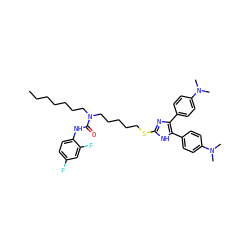 CCCCCCCN(CCCCCSc1nc(-c2ccc(N(C)C)cc2)c(-c2ccc(N(C)C)cc2)[nH]1)C(=O)Nc1ccc(F)cc1F ZINC000058482468