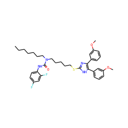 CCCCCCCN(CCCCCSc1nc(-c2cccc(OC)c2)c(-c2cccc(OC)c2)[nH]1)C(=O)Nc1ccc(F)cc1F ZINC000049600077
