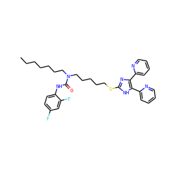 CCCCCCCN(CCCCCSc1nc(-c2ccccn2)c(-c2ccccn2)[nH]1)C(=O)Nc1ccc(F)cc1F ZINC000036330796
