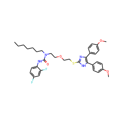 CCCCCCCN(CCOCCSc1nc(-c2ccc(OC)cc2)c(-c2ccc(OC)cc2)[nH]1)C(=O)Nc1ccc(F)cc1F ZINC000049600080
