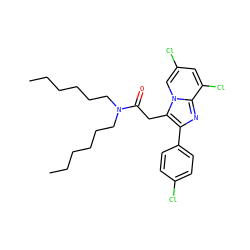 CCCCCCN(CCCCCC)C(=O)Cc1c(-c2ccc(Cl)cc2)nc2c(Cl)cc(Cl)cn12 ZINC000013607335