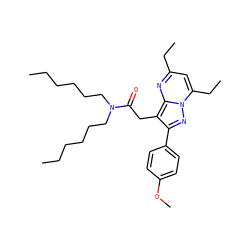 CCCCCCN(CCCCCC)C(=O)Cc1c(-c2ccc(OC)cc2)nn2c(CC)cc(CC)nc12 ZINC000653894819