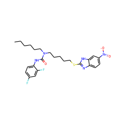 CCCCCCN(CCCCCSc1nc2ccc([N+](=O)[O-])cc2[nH]1)C(=O)Nc1ccc(F)cc1F ZINC000029461911