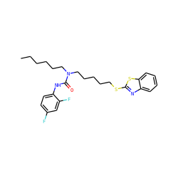 CCCCCCN(CCCCCSc1nc2ccccc2s1)C(=O)Nc1ccc(F)cc1F ZINC000029417165