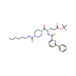CCCCCCNC(=O)N1CCN(C(=O)[C@H](CCC(=O)OC(C)(C)C)NC(=O)c2cccc(-c3ccccc3)n2)CC1 ZINC000049757166