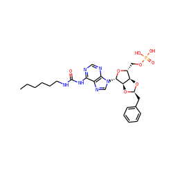 CCCCCCNC(=O)Nc1ncnc2c1ncn2[C@@H]1O[C@H](COP(=O)(O)O)[C@H]2O[C@@H](Cc3ccccc3)O[C@H]21 ZINC000029135158