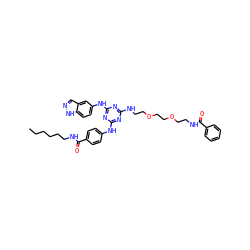 CCCCCCNC(=O)c1ccc(Nc2nc(NCCOCCOCCNC(=O)c3ccccc3)nc(Nc3ccc4[nH]ncc4c3)n2)cc1 ZINC000203754984
