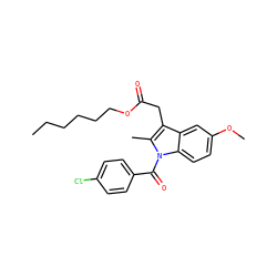CCCCCCOC(=O)Cc1c(C)n(C(=O)c2ccc(Cl)cc2)c2ccc(OC)cc12 ZINC000026732644