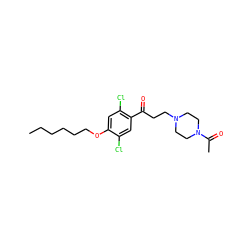 CCCCCCOc1cc(Cl)c(C(=O)CCN2CCN(C(C)=O)CC2)cc1Cl ZINC000043023944