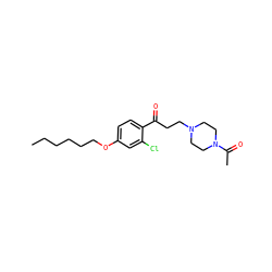CCCCCCOc1ccc(C(=O)CCN2CCN(C(C)=O)CC2)c(Cl)c1 ZINC000043123392