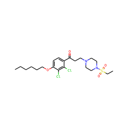 CCCCCCOc1ccc(C(=O)CCN2CCN(S(=O)(=O)CC)CC2)c(Cl)c1Cl ZINC000042990012