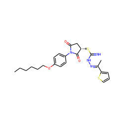 CCCCCCOc1ccc(N2C(=O)C[C@H](SC(=N)N/N=C(\C)c3cccs3)C2=O)cc1 ZINC000018068112