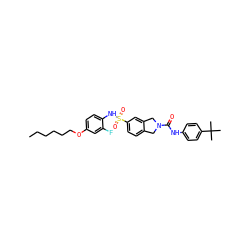 CCCCCCOc1ccc(NS(=O)(=O)c2ccc3c(c2)CN(C(=O)Nc2ccc(C(C)(C)C)cc2)C3)c(F)c1 ZINC000261137788