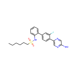 CCCCCCS(=O)(=O)Nc1ccccc1-c1ccc(-c2cnc(N)cn2)c(F)c1 ZINC000212116847