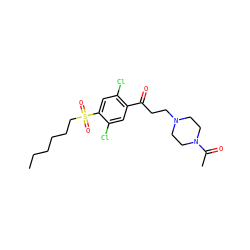 CCCCCCS(=O)(=O)c1cc(Cl)c(C(=O)CCN2CCN(C(C)=O)CC2)cc1Cl ZINC000043075047