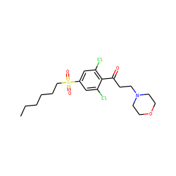 CCCCCCS(=O)(=O)c1cc(Cl)c(C(=O)CCN2CCOCC2)c(Cl)c1 ZINC000043074481