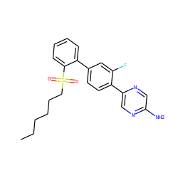 CCCCCCS(=O)(=O)c1ccccc1-c1ccc(-c2cnc(N)cn2)c(F)c1 ZINC000224796097