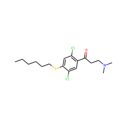 CCCCCCSc1cc(Cl)c(C(=O)CCN(C)C)cc1Cl ZINC000043074869