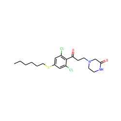 CCCCCCSc1cc(Cl)c(C(=O)CCN2CCNC(=O)C2)c(Cl)c1 ZINC000043060212