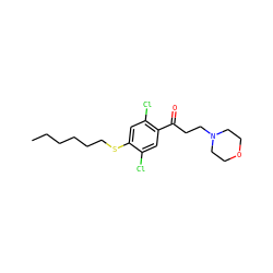 CCCCCCSc1cc(Cl)c(C(=O)CCN2CCOCC2)cc1Cl ZINC000042922985