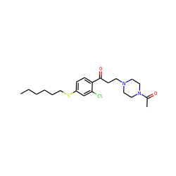 CCCCCCSc1ccc(C(=O)CCN2CCN(C(C)=O)CC2)c(Cl)c1 ZINC000043078825