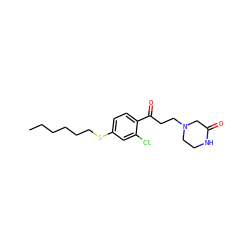CCCCCCSc1ccc(C(=O)CCN2CCNC(=O)C2)c(Cl)c1 ZINC000042919964